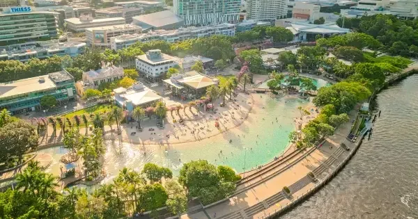 Aerial view of Streets Beach lagoon and surrounding South Bank parklands 