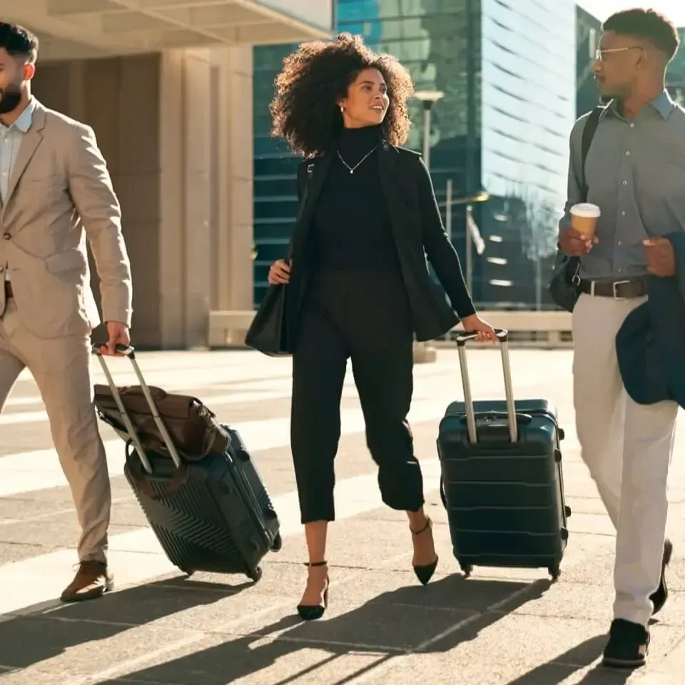 Trois professionnels avec des bagages marchent ensemble dans un environnement urbain moderne.