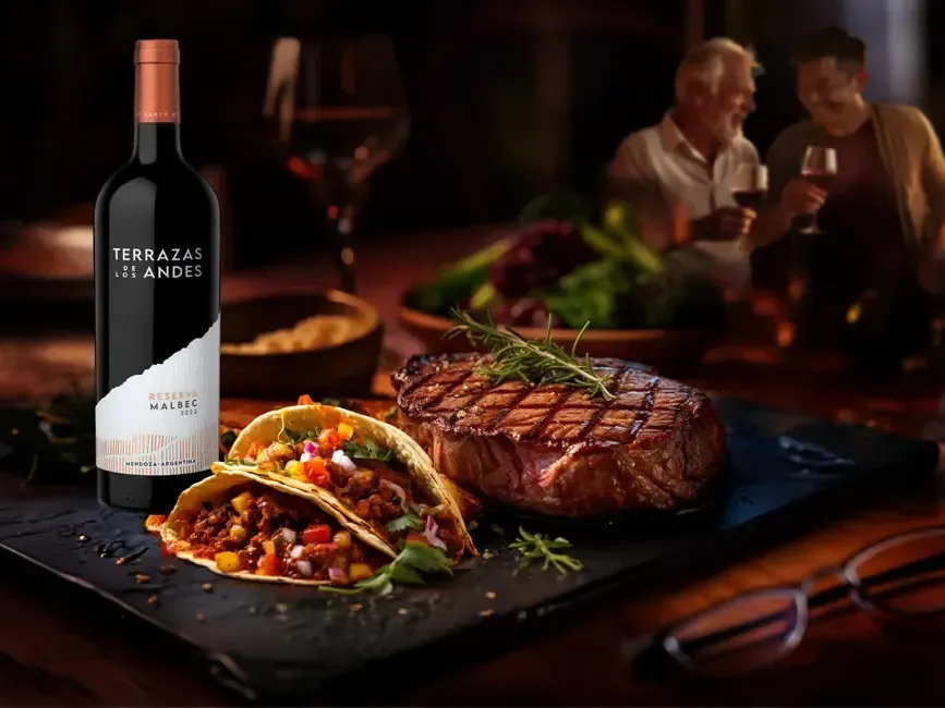 A bottle of wine accompanied by a beautifully plated steak - Imperial Lexis Kuala Lumpur