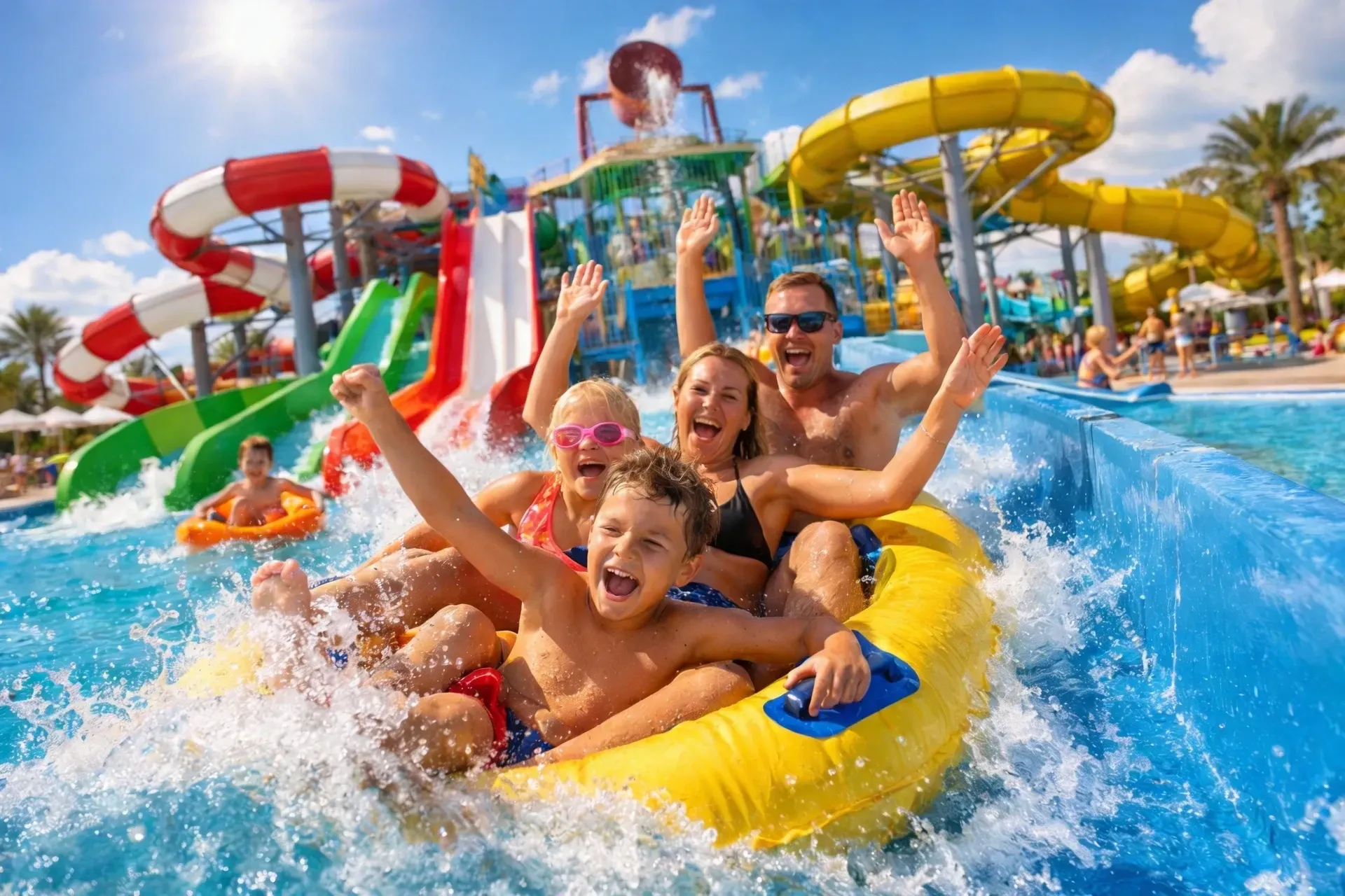 The BlueWave slide tower with multicolored slides spiraling down to the main pool