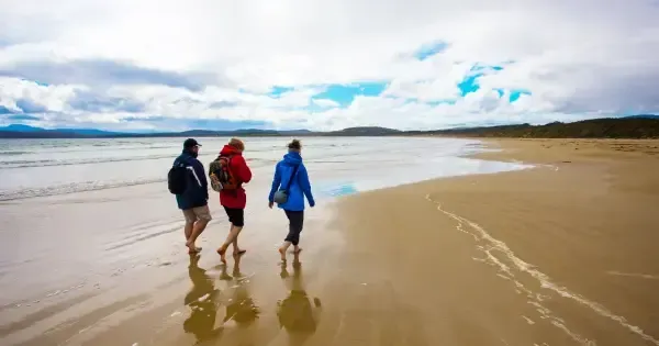 A group of walkers on the beach on Bruny Island