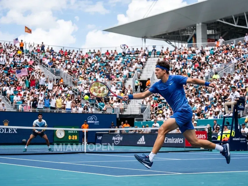 Tennis player lunging for a forehand in front of a packed crowd at the Miami Open