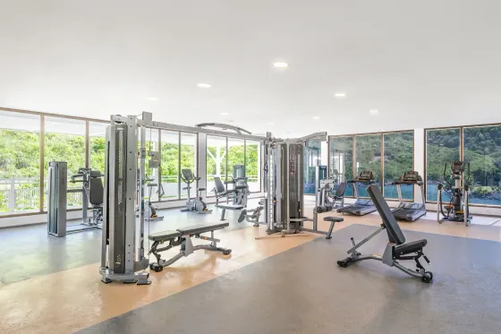 Well-equipped fitness center at Saint Martin Beach Resort & Spa, with large windows overlooking a scenic bay view