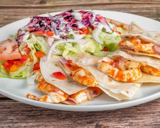 Shrimp quesadilla plate from from Vegan Vibes in MiMo District, Miami