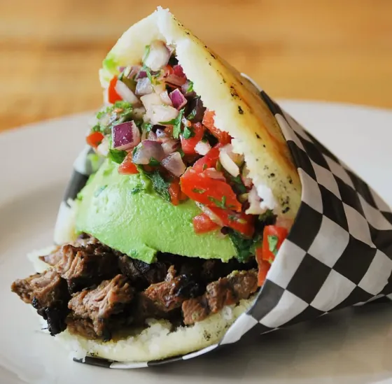 Venezuelan arepa with grilled beef and avocado at Doggi’s Arepa Bar in Miami’s MiMo District