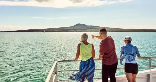 A group of people on a ferry to Waiheke Island from Auckland.