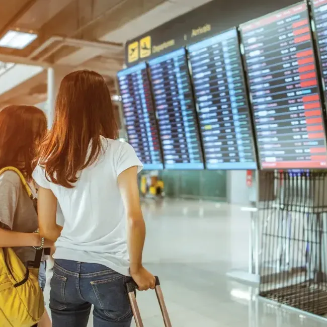 Two women with luggage stand together in an airport - Lexis Hotel Group