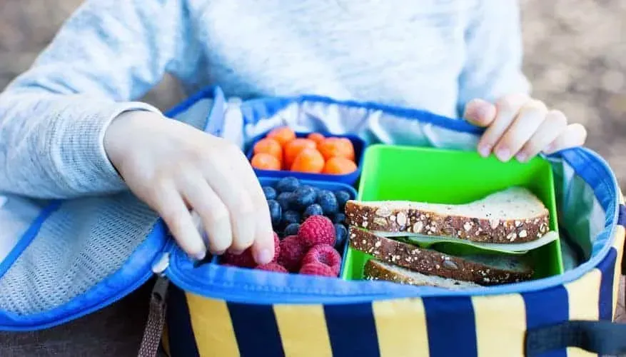Child's hands opening a lunch bag with fruits and a sandwich at Lake Buena Vista Resort Village & Spa