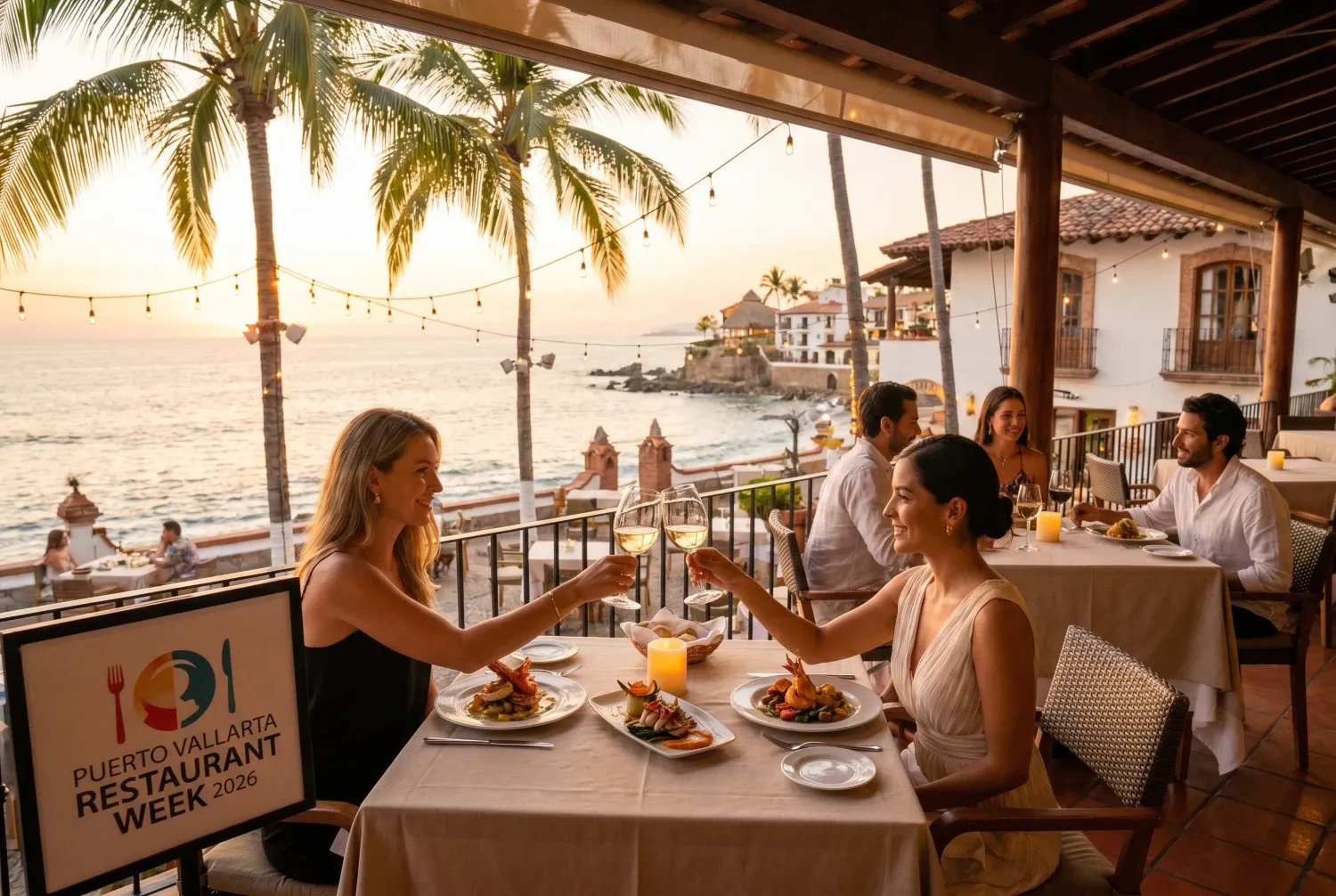 Couples enjoying romantic fine dining with ocean views during Restaurant Week Puerto Vallarta 2026 at sunset.