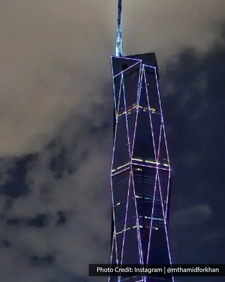 Night view of Merdeka 118 with colourful exterior lights