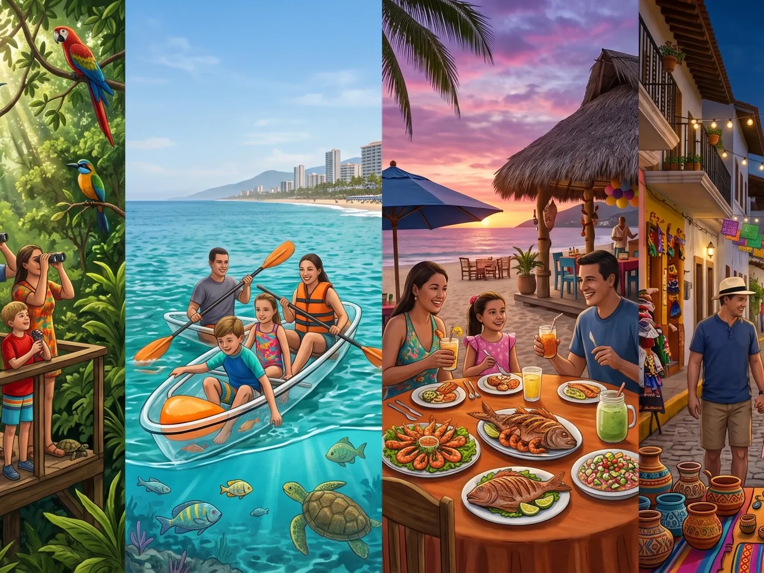 Collage de familias disfrutando actividades en Puerto Vallarta: observando guacamayas, kayak en el mar y cena típica mexicana.