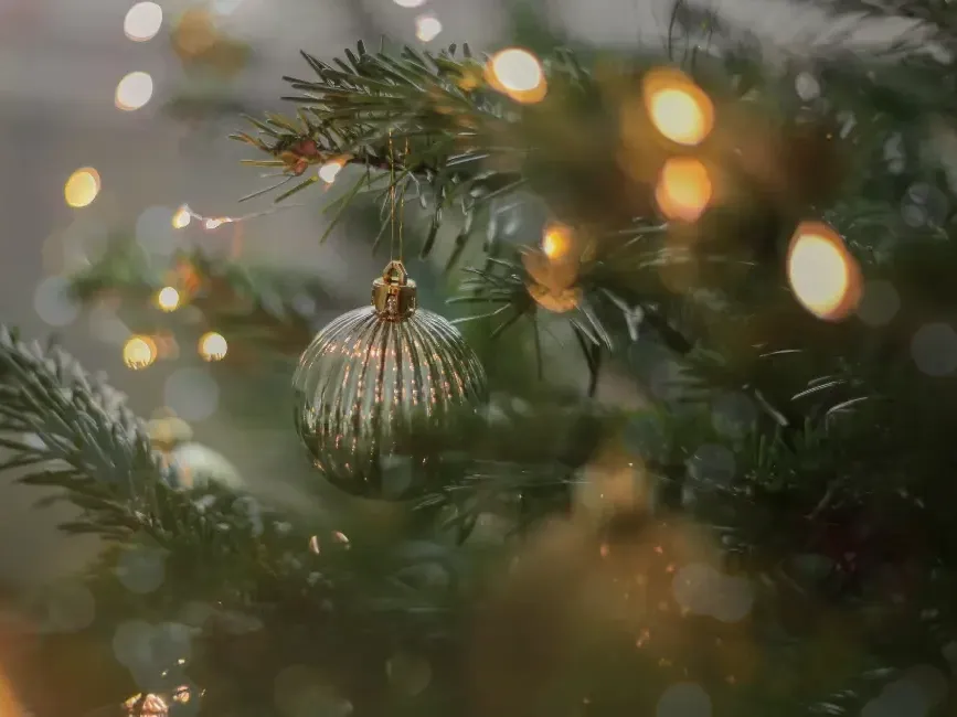 Silver ribbed ornament hanging on evergreen branches with glowing lights for Christmas Celebrations
