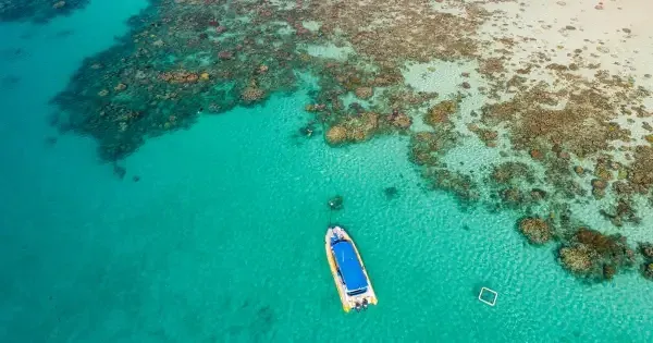 A single tour boat floats in the spectacularly blue Great Barrier Reef