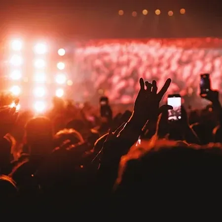 Crowd raising hands and recording a live concert