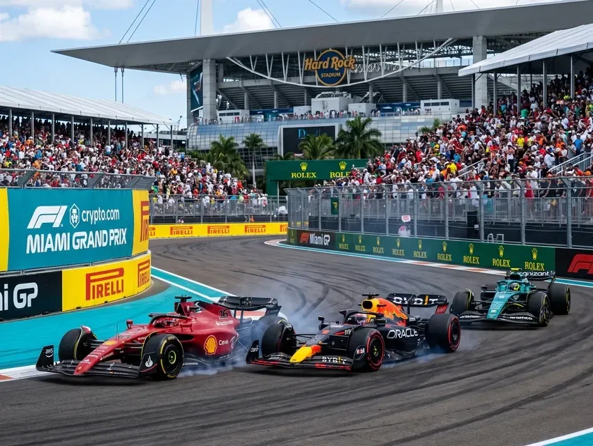 Formula 1 cars racing through a turn at the Miami Grand Prix by Hard Rock Stadium