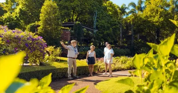 tour guide pointing at flora at roma street parkland
