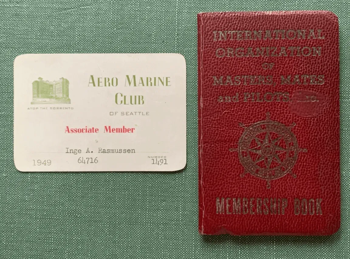 Aero Marine Club card and International Organization of Masters, Mates, and Pilots membership book at Hotel Sorrento