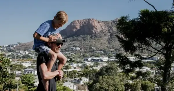 A father and son hiking near Castle Hill, Townsville.