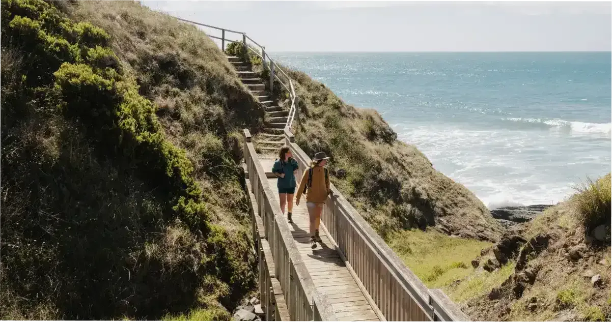 People walking a coastal path in Deep Creek National Park on the Fleurieu Peninsula.